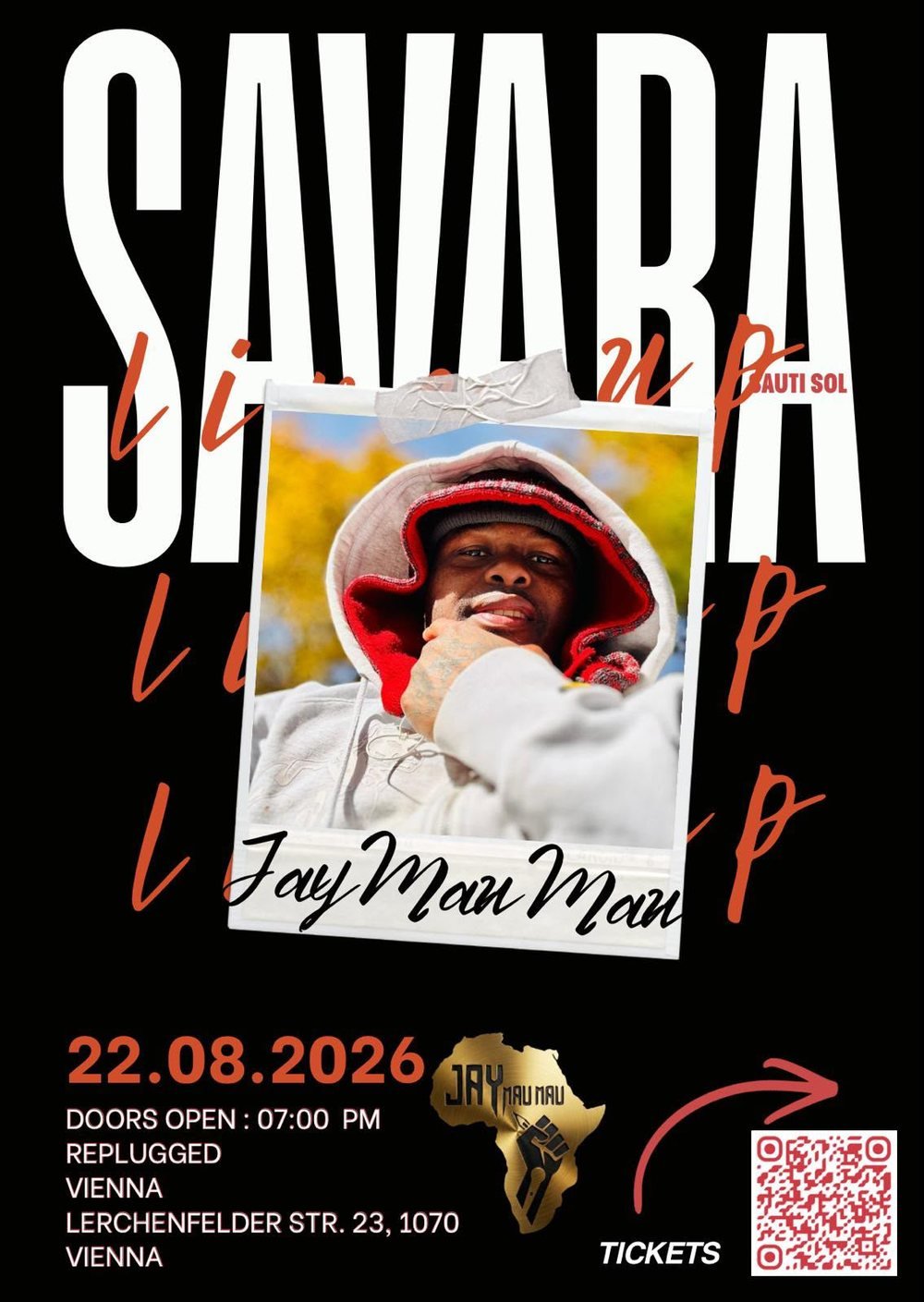 SAVARA TO THE WORLD — Jay MauMau live in Vienna, 22 August 2026, doors 7:00 PM, REPLUGGED Vienna, Lerchenfelder Str. 23, 1070 Vienna