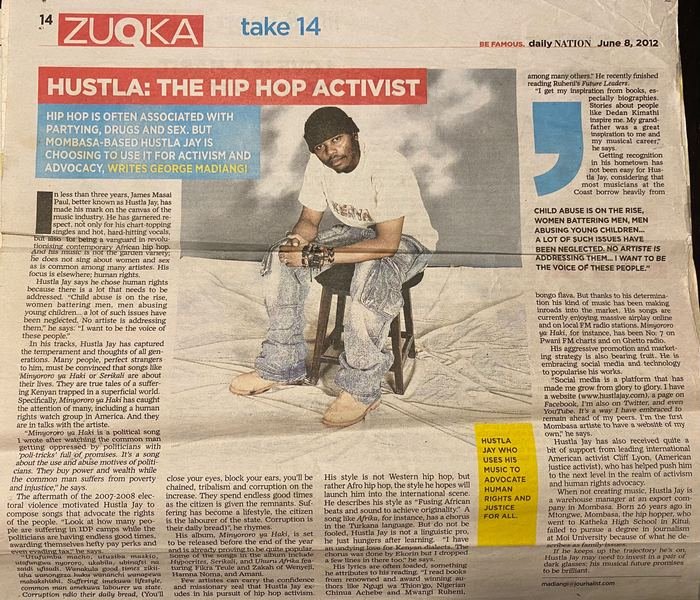 Daily Nation Zuqka, 8 June 2012: Hustla, the hip hop activist