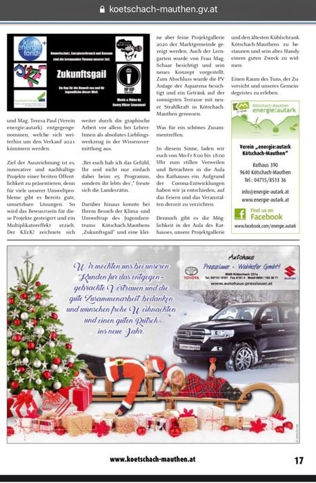 Zukunftsgail project featured in the Kötschach-Mauthen municipal paper, page 17